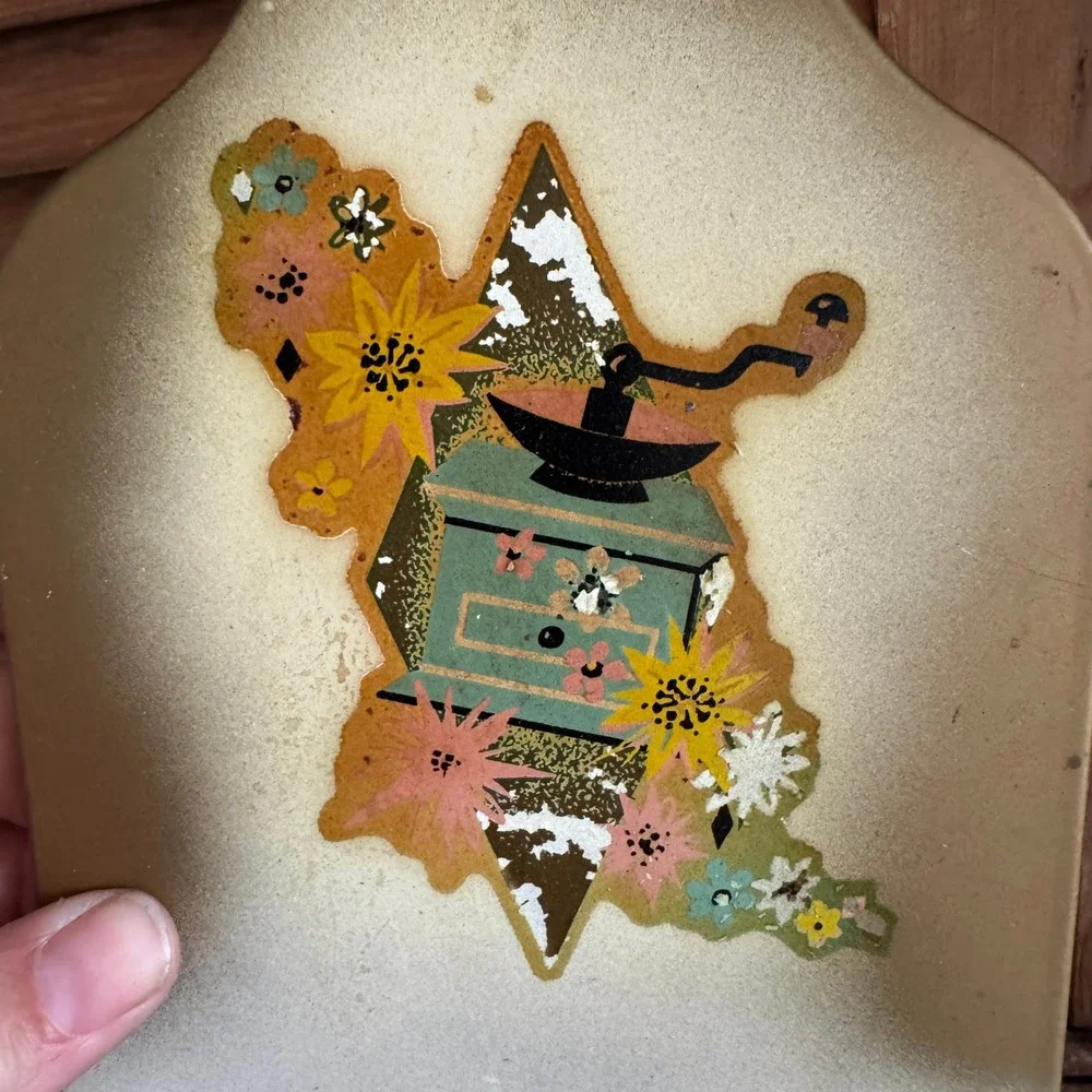 Vintage Metal Wall Mail Organizer Key Rack Floral Coffee Grinder Decal MCM Retro